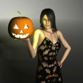 लड़की चरित्र 3डी मॉडल के साथ हैलोवीन कद्दू लालटेन