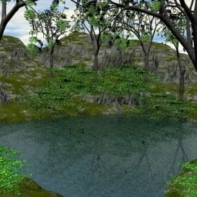 منظر طبيعي للبحيرة مع شجرة نموذج ثلاثي الأبعاد