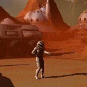 인간의 3d 모델과 화성 식민지 풍경