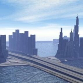 長い橋を持つ超高層ビルの都市の建物3Dモデル