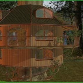 Model 3D drewnianego domku na drzewie