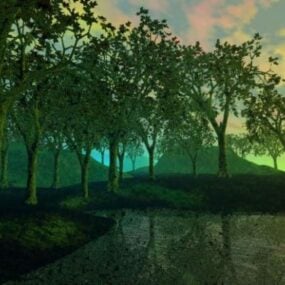 Modelo 3d da paisagem da floresta do nascer do sol enevoado