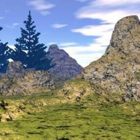Phong cảnh núi non với mô hình 3d cây thông