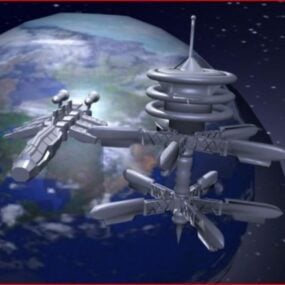 3д модель Орбитальной Космической Станции с Землей