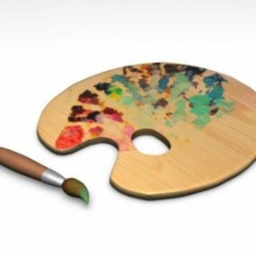 3д модель деревянной цветной тарелки с кистью для рисования