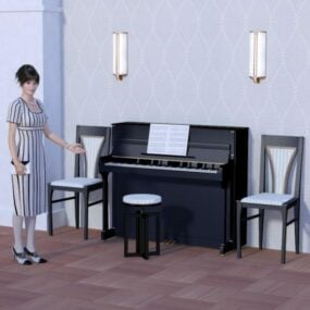 Mô hình 3d nhạc cụ piano thẳng đứng với cô gái