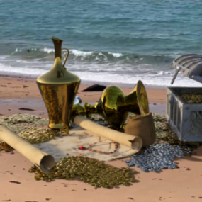 Tesoro dei pirati d'oro sulla spiaggia modello 3d