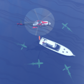 Rychlý člun s 3D modelem záchranného vrtulníku