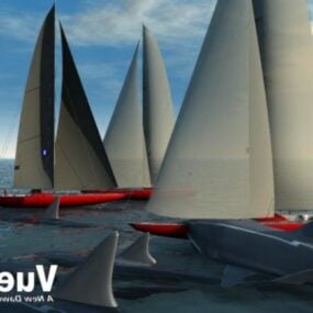 3D model námořní lodi s útokem žraloka