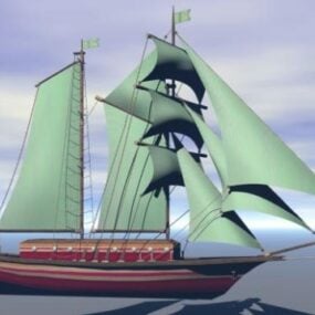 เรือไม้วินเทจพร้อมโมเดล 3 มิติใบเรือสีเขียว