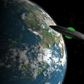 3д модель летающего космического корабля вокруг Земли