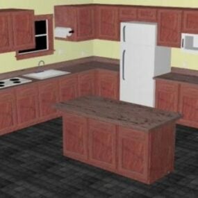 Mueble de cocina de madera con mesa isla modelo 3d