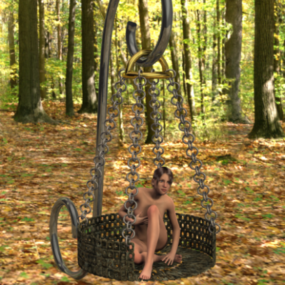 Silla columpio en el bosque con personaje de niña modelo 3d