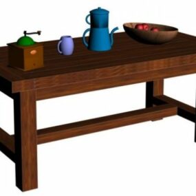 طاولة خشب قديمة مع إبريق شاي نموذج ثلاثي الأبعاد