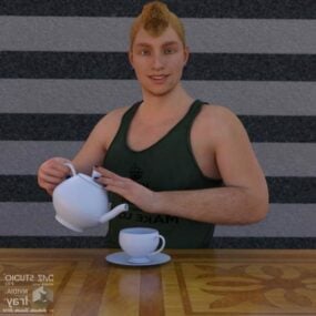 كوب إبريق شاي مع شخصية نموذج ثلاثي الأبعاد