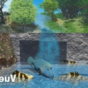 نموذج الشلال مع الأسماك ثلاثي الأبعاد