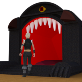 Postać z gry z modelem 3D domu jaskiniowego
