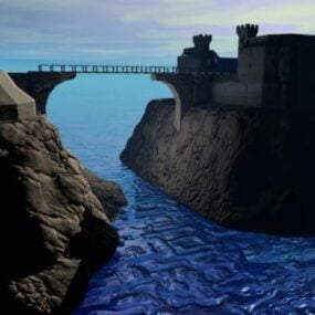 Paysage de montagne de mer avec pont modèle 3D