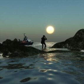 인간과 보트가 있는 바다 풍경 3d 모델