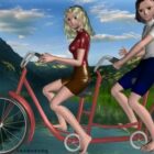 Carácter de chicas en bicicleta doble