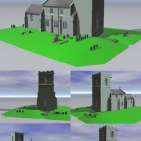 Kirchengebäude mit Friedhof 3D-Modell
