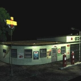 Gas Station In Night Scene 3d model