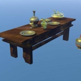 Gyllene redskap vasskål på bord 3d-modell