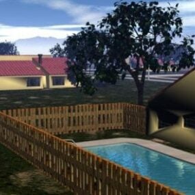 3д модель современного дома с бассейном