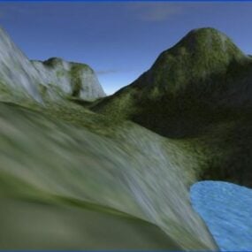 Vista a la montaña con lago modelo 3d