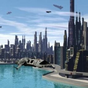 Thành phố tương lai với mô hình 3d vận tải khí cầu