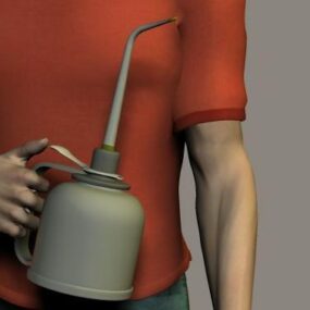 Personaje de hombre con modelo 3d de lata de aceite