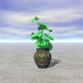 कंक्रीट पॉट 3डी मॉडल में यथार्थवादी बड़ी पत्तियों का पौधा