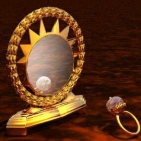 Oval Mirror Golden Frame With Ring 3d model