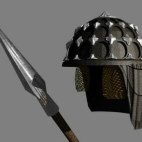 Middelalderlige spyd med hjelm 3d-model