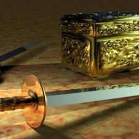مدل 3 بعدی شمشیر سلاح قرون وسطایی با جعبه طلا