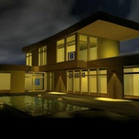 Glass House Building In Night 3d model