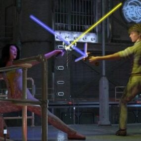 ตัวละครนักรบหญิงต่อสู้กับโมเดล Lightsaber 3d