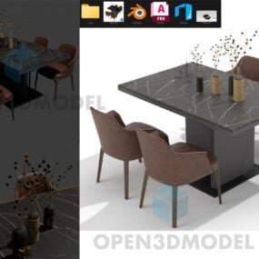 Marble Table With Leather Chairs And Flower Vase Pot 3d model