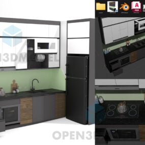 싱크대, 스토브, 전자레인지 및 냉장고를 갖춘 현대적인 주방 3d 모델
