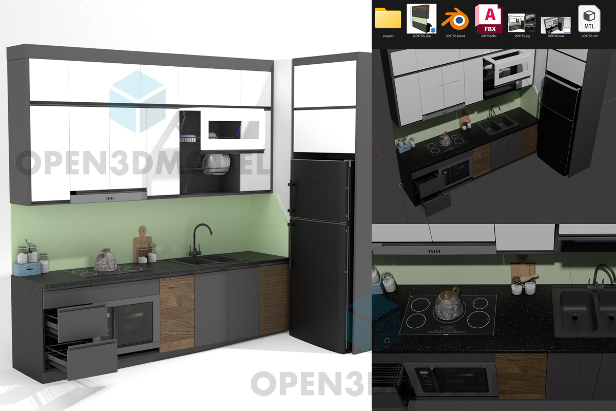 Dapur Modern Dengan Wastafel, Kompor, Microwave, dan Kulkas