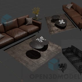 Set Of Leather Couches And Coffee Table On Rug 3d model