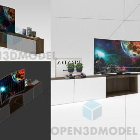 Wide Curved Tv On White Cabinet With Vase Plant Decorative 3d model