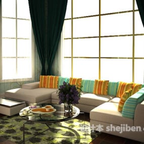 U-sohva värikkäällä tyynyllä olohuoneessa 3d-malli