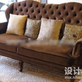 Sofá tufado de couro marrom com almofada Modelo 3D