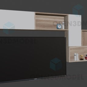 تلفزيون بشاشة مسطحة على خزانة خشبية للترفيه نموذج ثلاثي الأبعاد