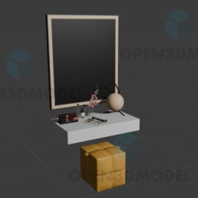 Pukeutumispöytä suorakaiteen muotoisella peilillä ja maljakolla 3d-malli
