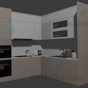 Canto do armário de cozinha com pia e forno modelo 3d