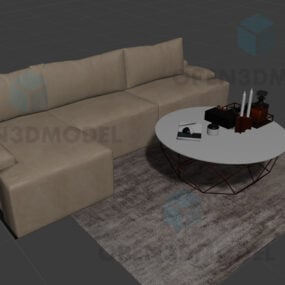 أريكة جلدية لغرفة المعيشة ووسادة وطاولة قهوة زجاجية نموذج ثلاثي الأبعاد