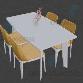 3д модель обеденного стола с современными стульями и вазой для цветов