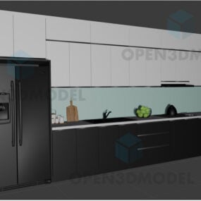 3д модель черного холодильника в современном кухонном шкафу с раковиной